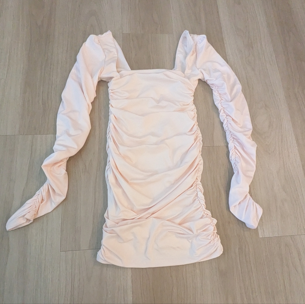 Oh Polly Cream/Pink Bodycon Mini Dress Gathered Size 4